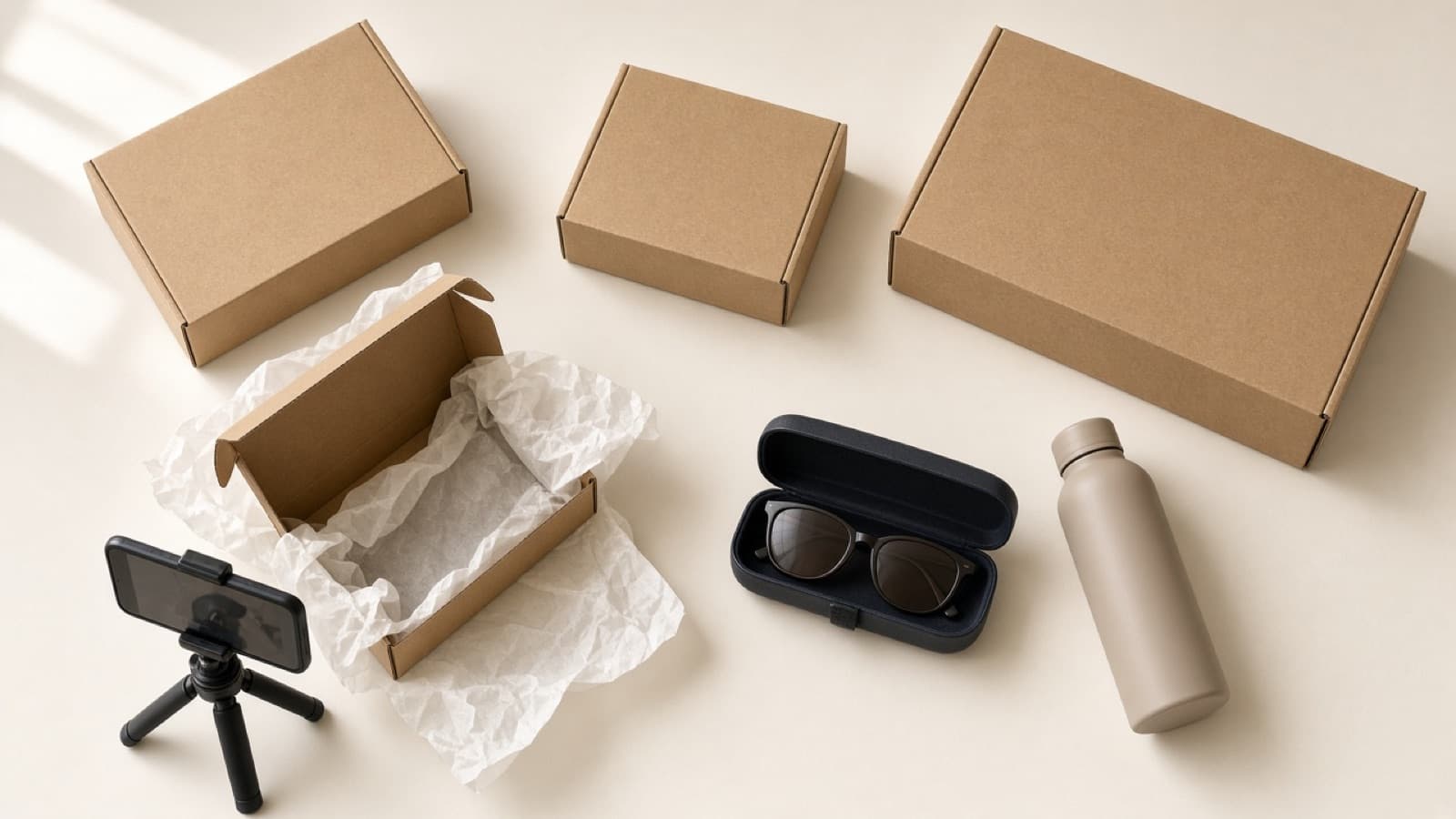 Shipping boxes, sunglasses, and a phone on a mini tripod