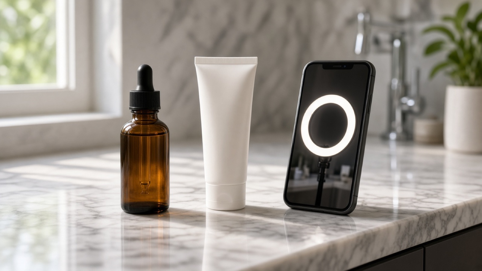 Unlabeled skincare products and a phone with a ring light